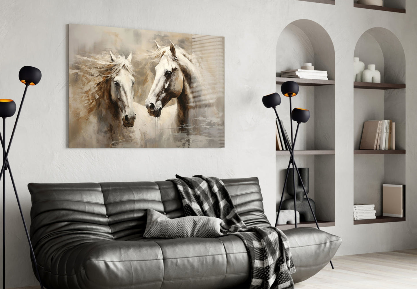 Two White Horses Beige Glass Wall Art