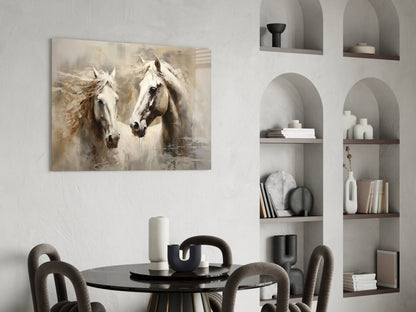 Two White Horses Beige Glass Wall Art