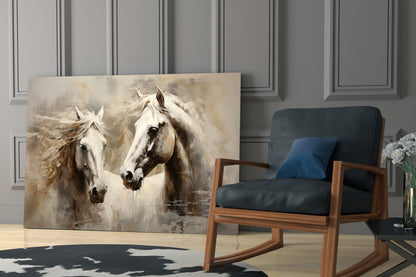 Two White Horses Beige Glass Wall Art