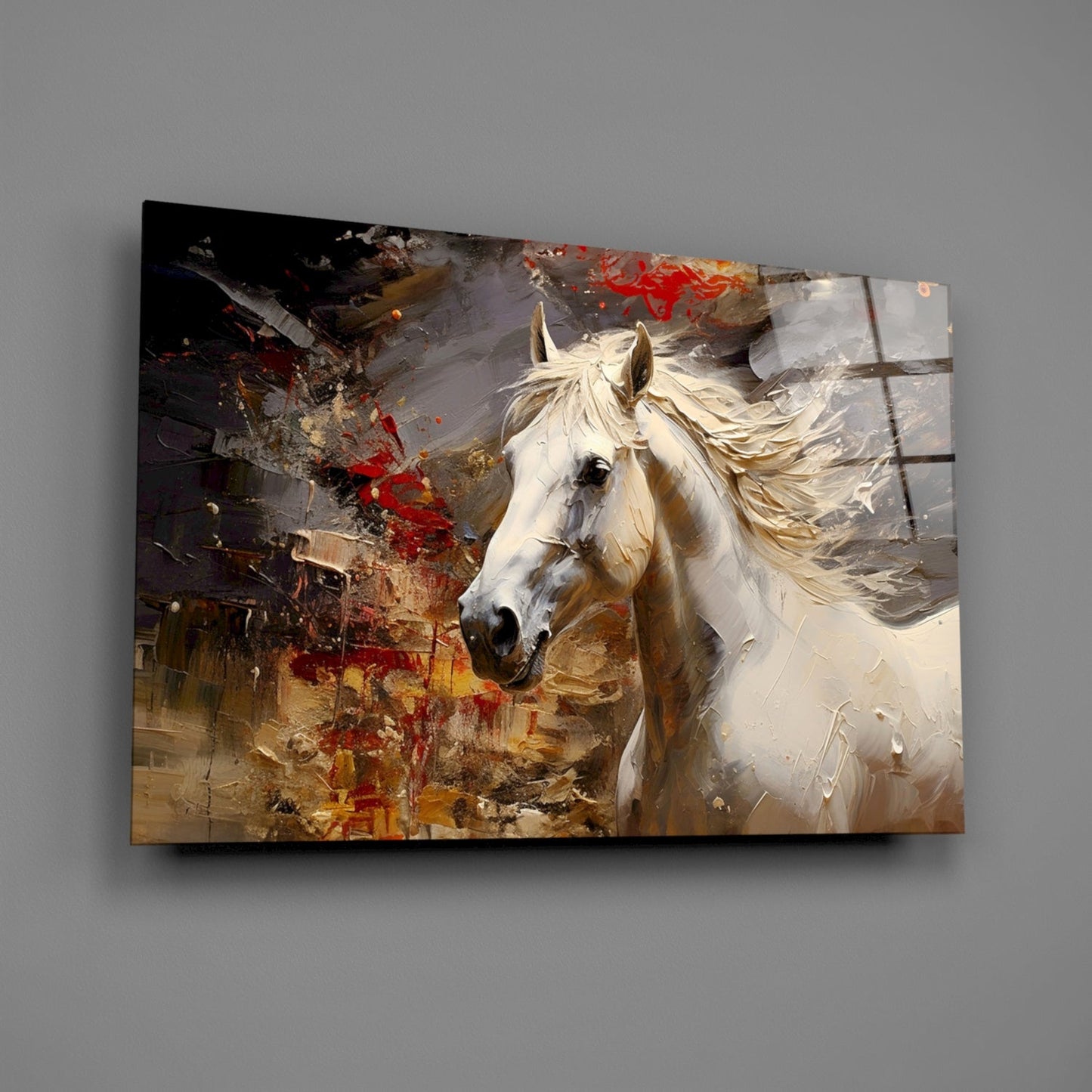 White Horse Red Splatter Glass Wall Art