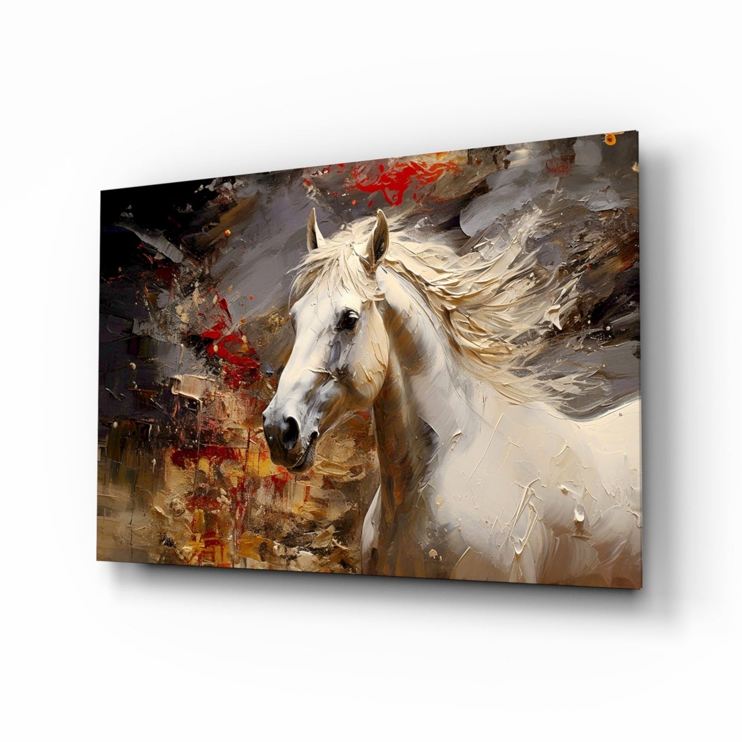 White Horse Red Splatter Glass Wall Art