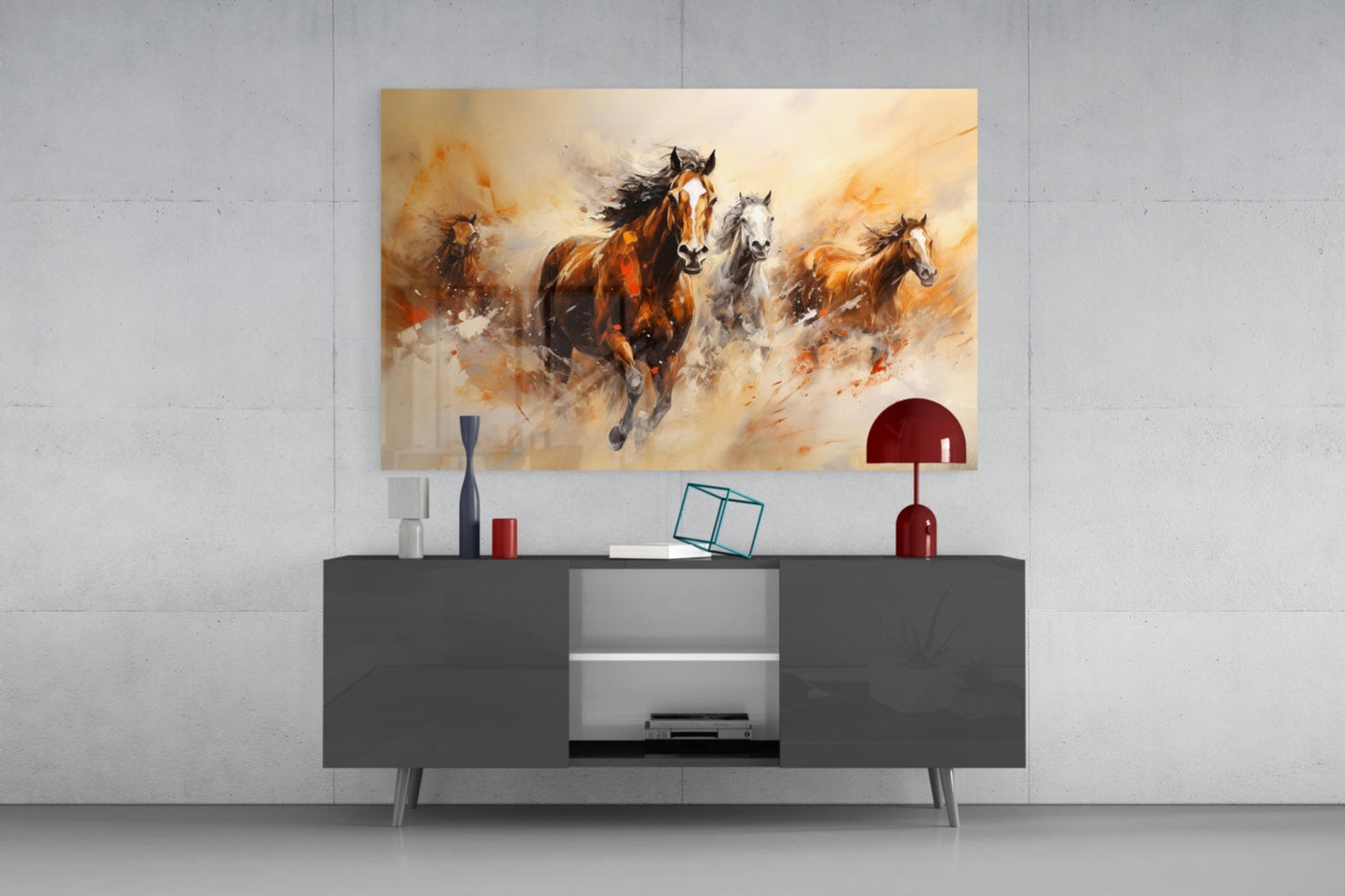 Four Running Horses Ochre Glass Wall Art