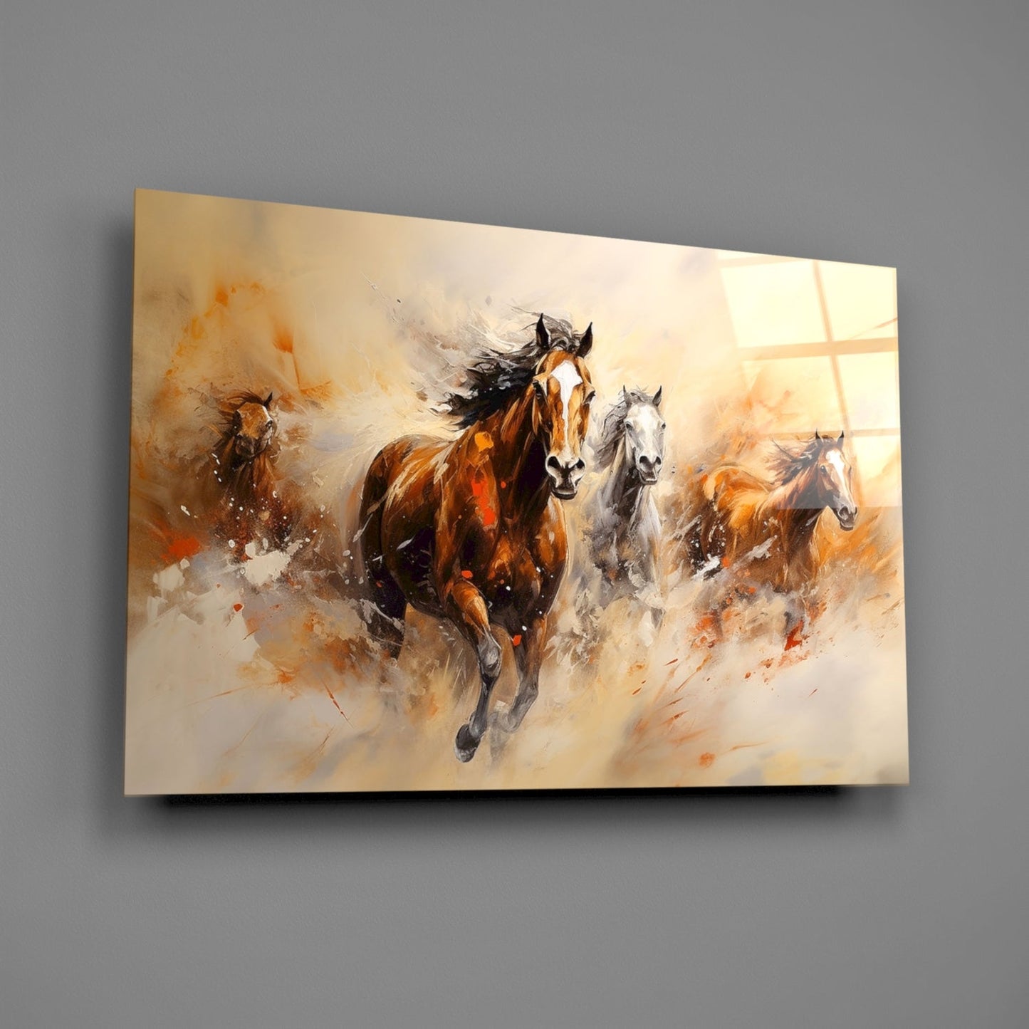 Four Running Horses Ochre Glass Wall Art