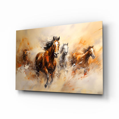 Four Running Horses Ochre Glass Wall Art