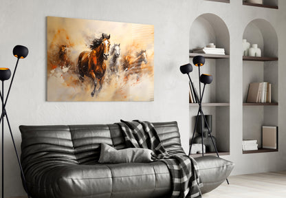 Four Running Horses Ochre Glass Wall Art