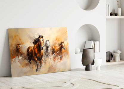 Four Running Horses Ochre Glass Wall Art