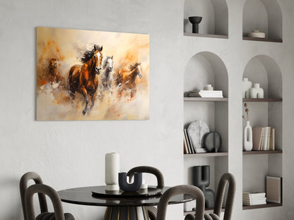 Four Running Horses Ochre Glass Wall Art