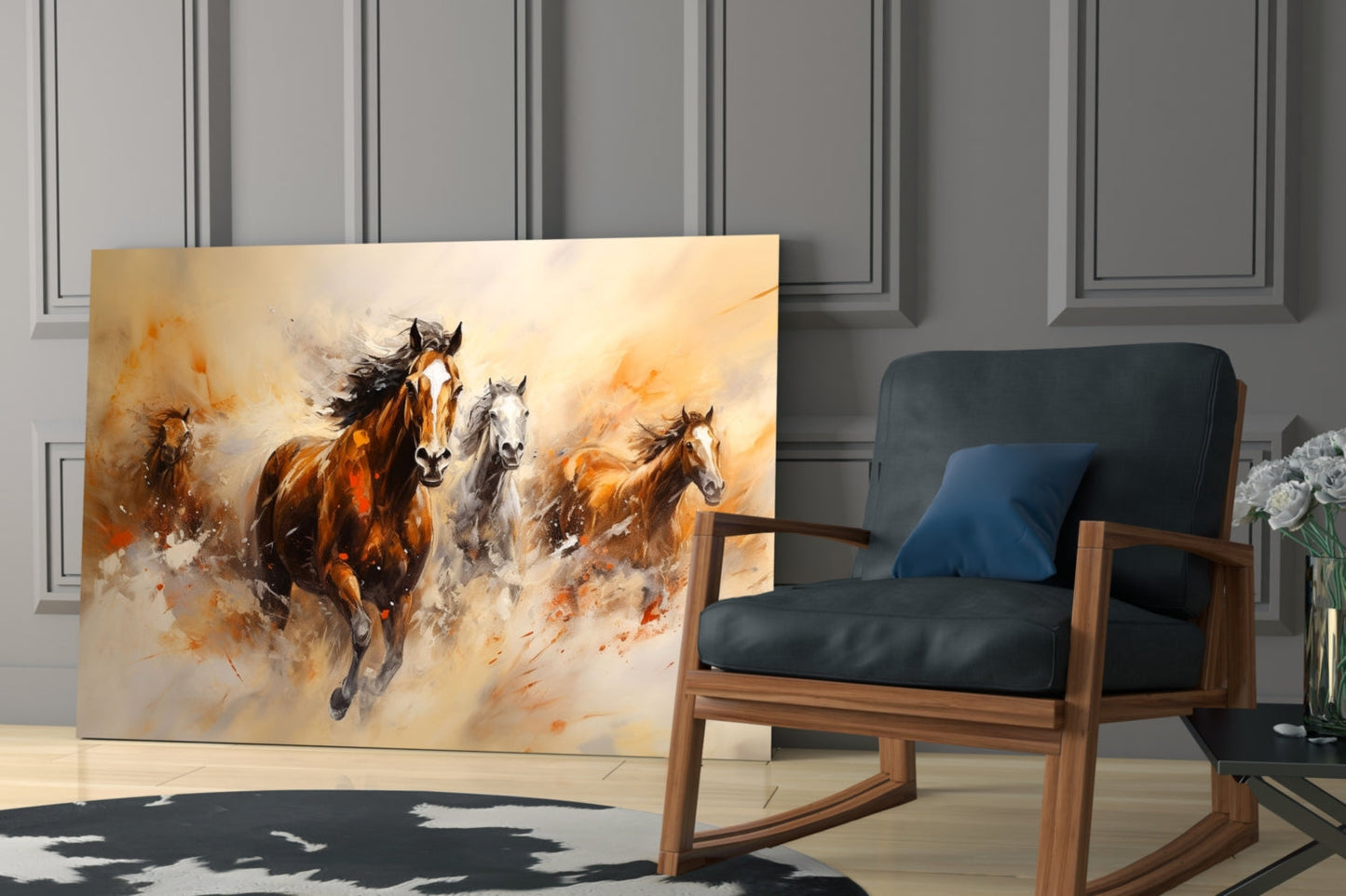 Four Running Horses Ochre Glass Wall Art