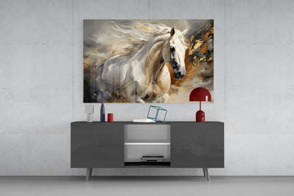 White Horse Gold Splatter Glass Wall Art