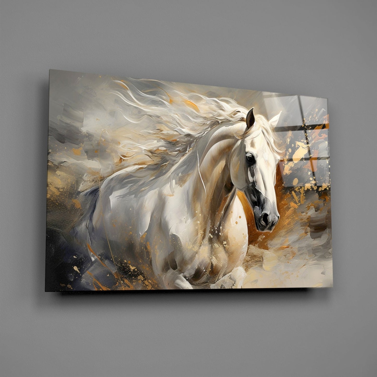 White Horse Gold Splatter Glass Wall Art