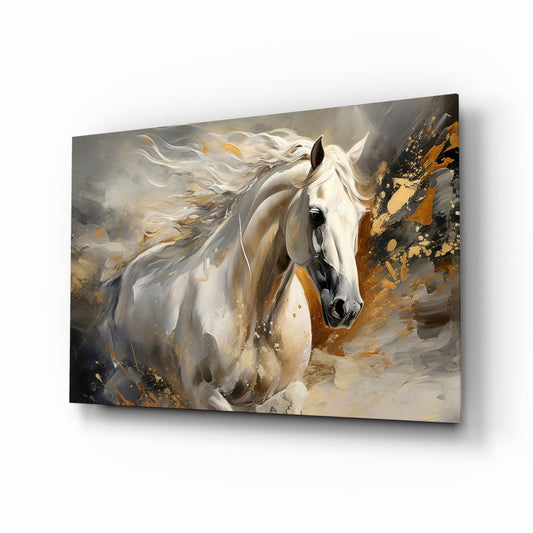 Glass wall art depicting a white horse with flowing mane against a gray and gold splattered abstract background, displayed at an angle.