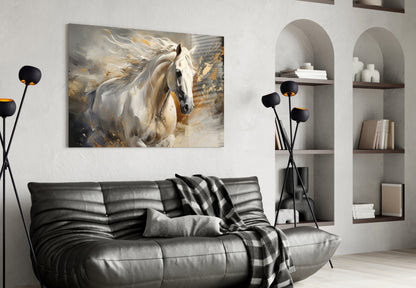 White Horse Gold Splatter Glass Wall Art