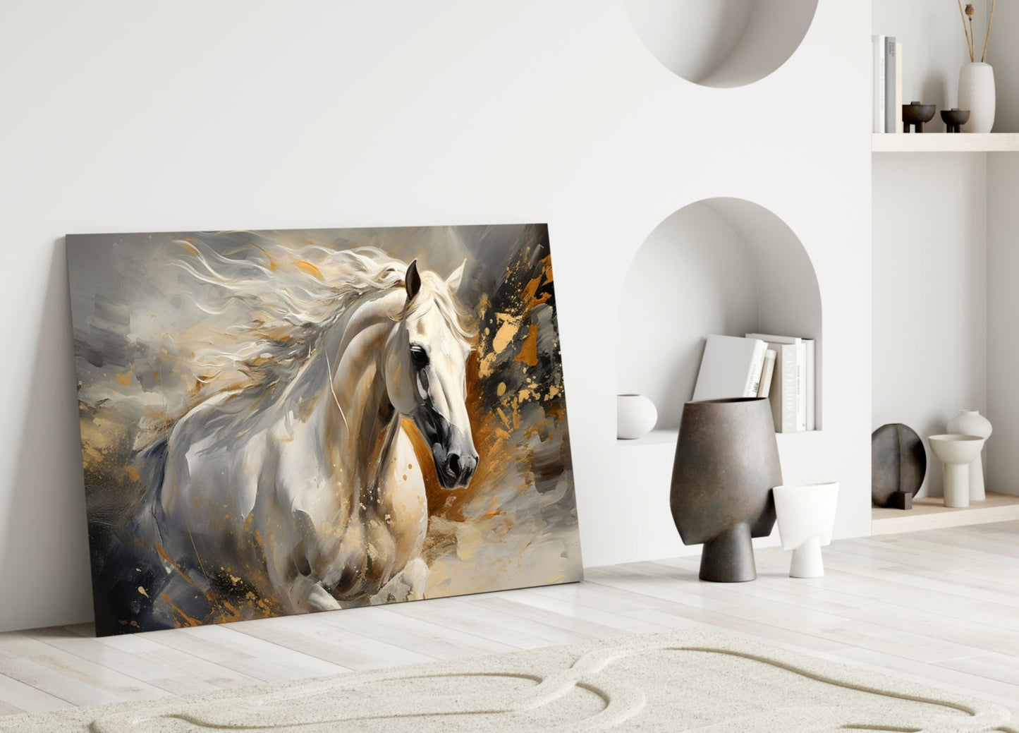 White Horse Gold Splatter Glass Wall Art