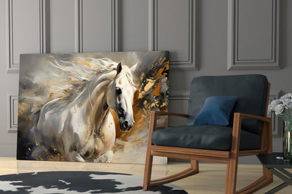 White Horse Gold Splatter Glass Wall Art