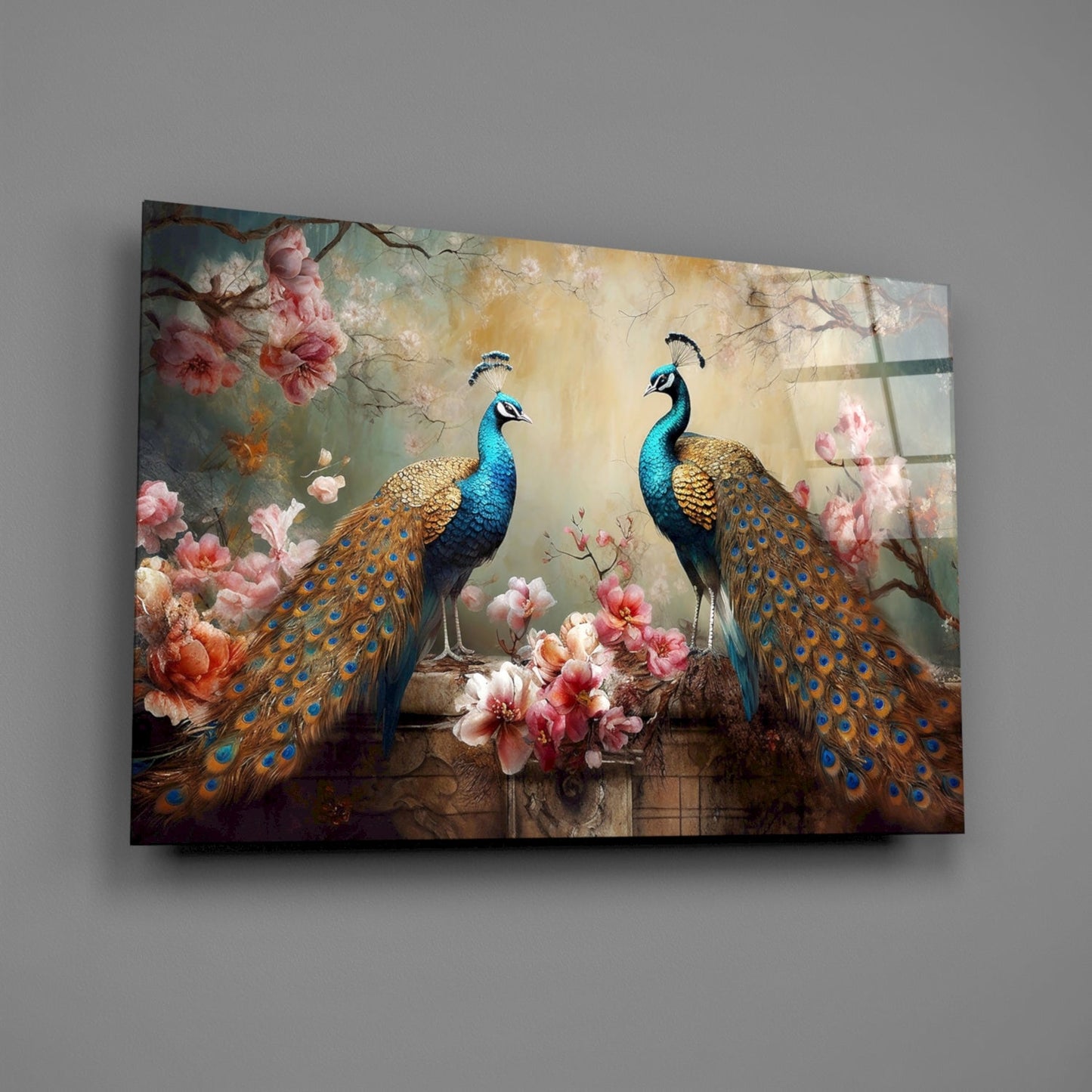 Two iridescent blue-headed peacocks with golden-brown tail feathers displayed on glass against pink flowers and warm beige background.