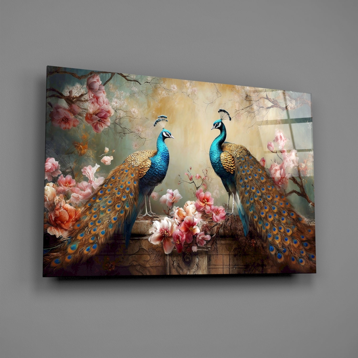 Two iridescent blue-headed peacocks with golden-brown tail feathers displayed on glass against pink flowers and warm beige background.