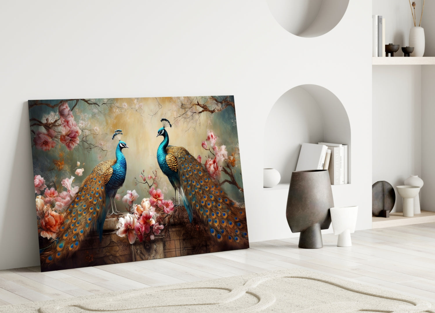 Peacock glass wall art leaning against white wall displays three blue and gold peacocks surrounded by pink flowers and branches.