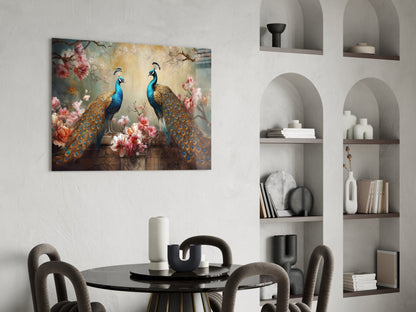 Glass wall art depicting two peacocks with blue heads and golden-brown feathered bodies surrounded by pink flowers, displayed above a round black dining table.
