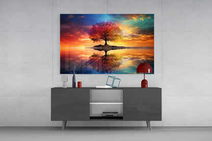 Rainbow Sky Mirror Lake Tree Of Life Glass Wall Art