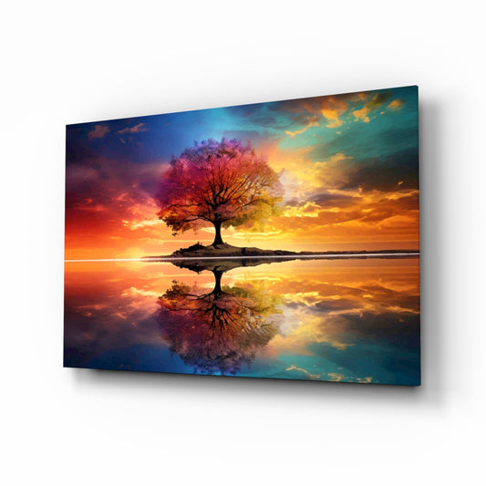 Angled perspective of glass wall art displaying a colorful tree with pink and yellow foliage reflected in still water against a dramatic sunset sky.