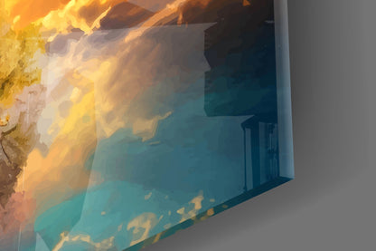 Rainbow Sky Mirror Lake Tree Of Life Glass Wall Art