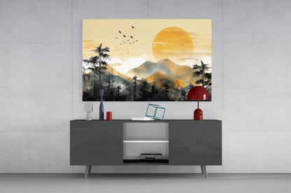 Golden Sun Disc Pine Forest Birds Glass Wall Art