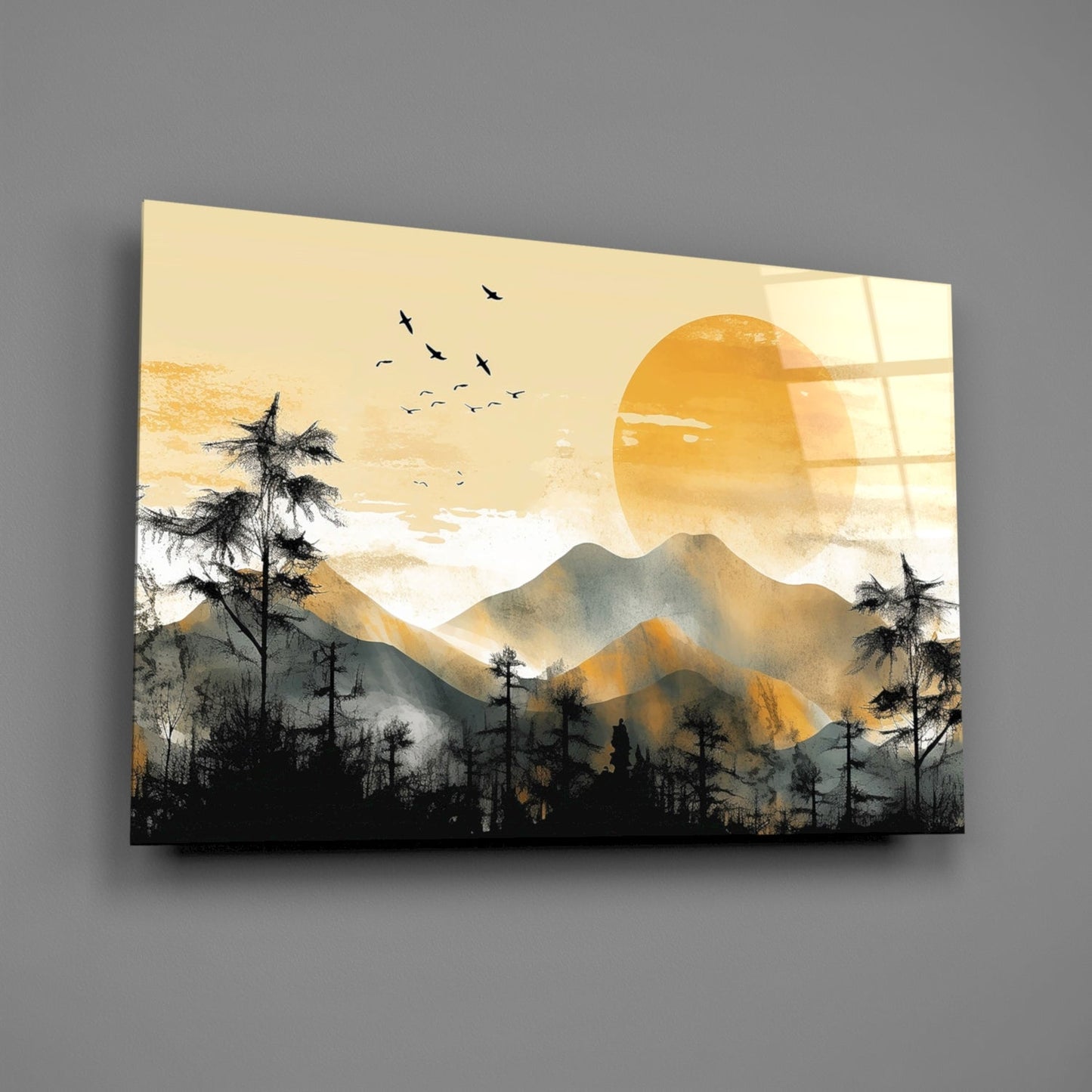 Golden Sun Disc Pine Forest Birds Glass Wall Art