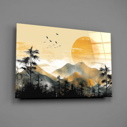 Golden Sun Disc Pine Forest Birds Glass Wall Art