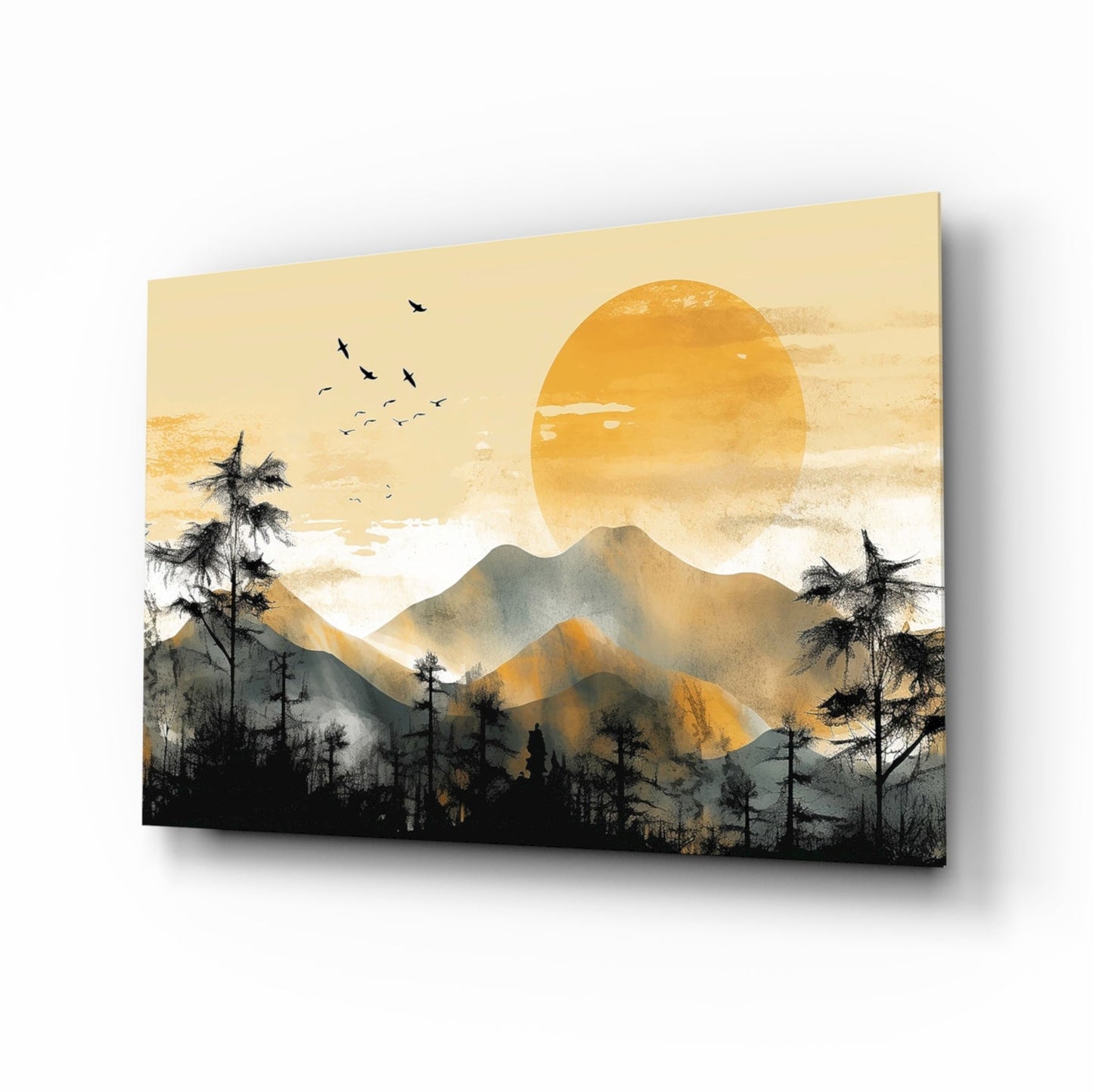 Golden Sun Disc Pine Forest Birds Glass Wall Art