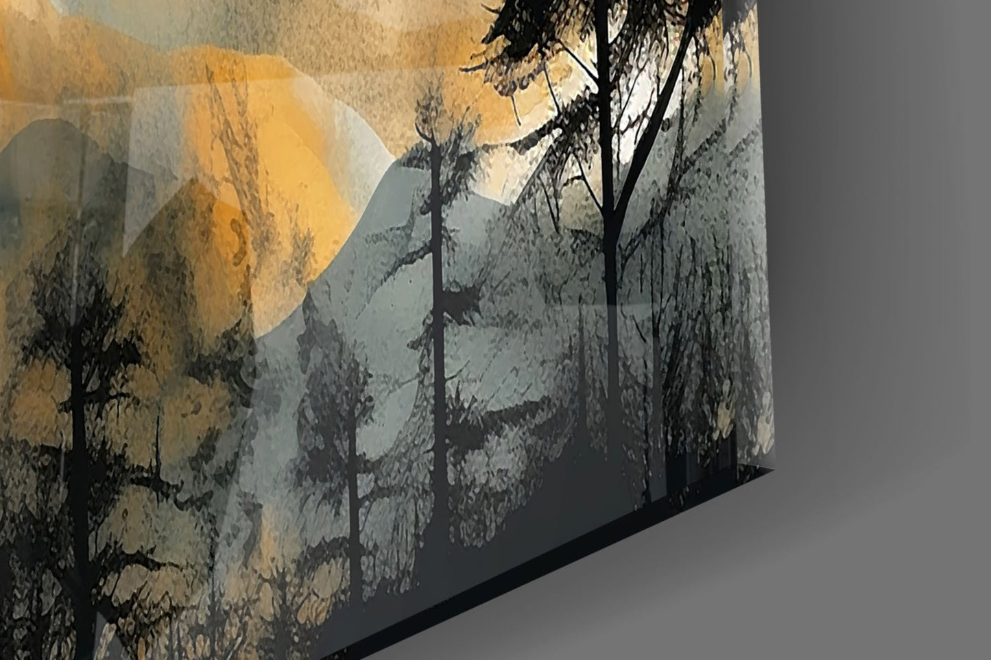 Golden Sun Disc Pine Forest Birds Glass Wall Art