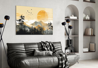 Golden Sun Disc Pine Forest Birds Glass Wall Art