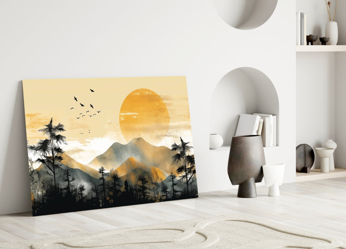 Golden Sun Disc Pine Forest Birds Glass Wall Art