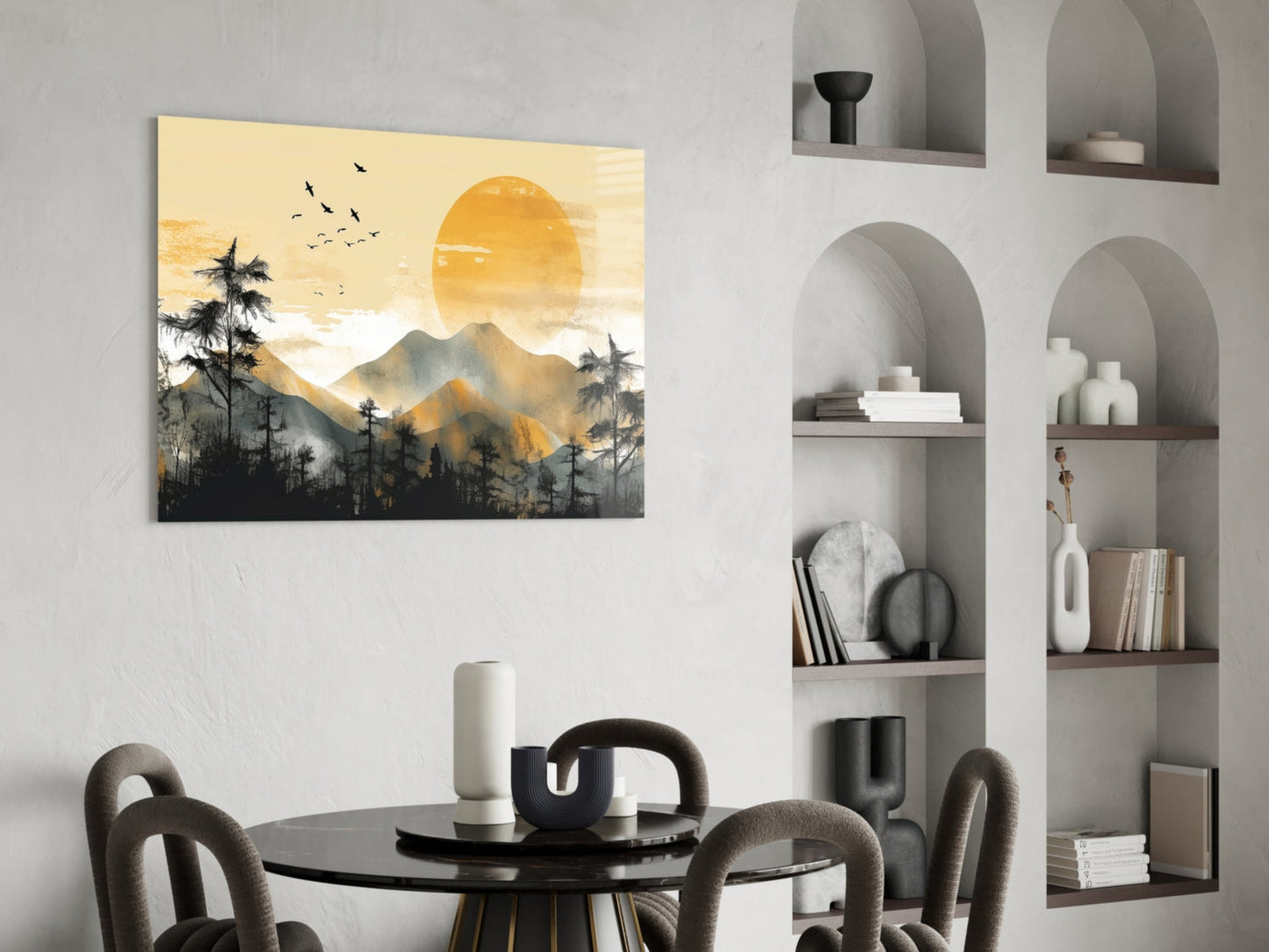 Golden Sun Disc Pine Forest Birds Glass Wall Art