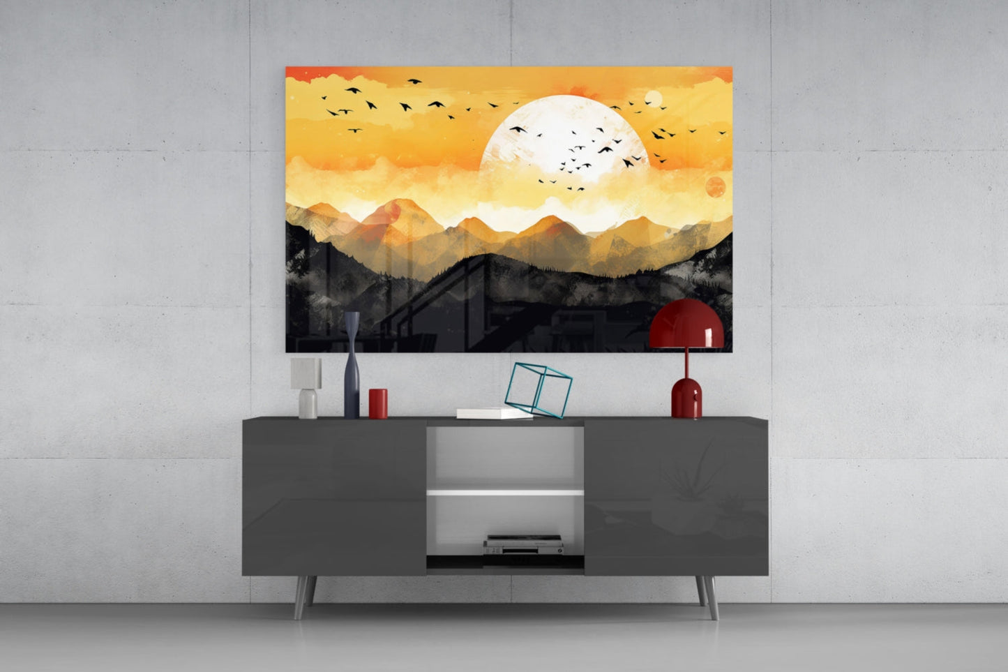 White Sun Orange Sky Mountain Flock Glass Wall Art