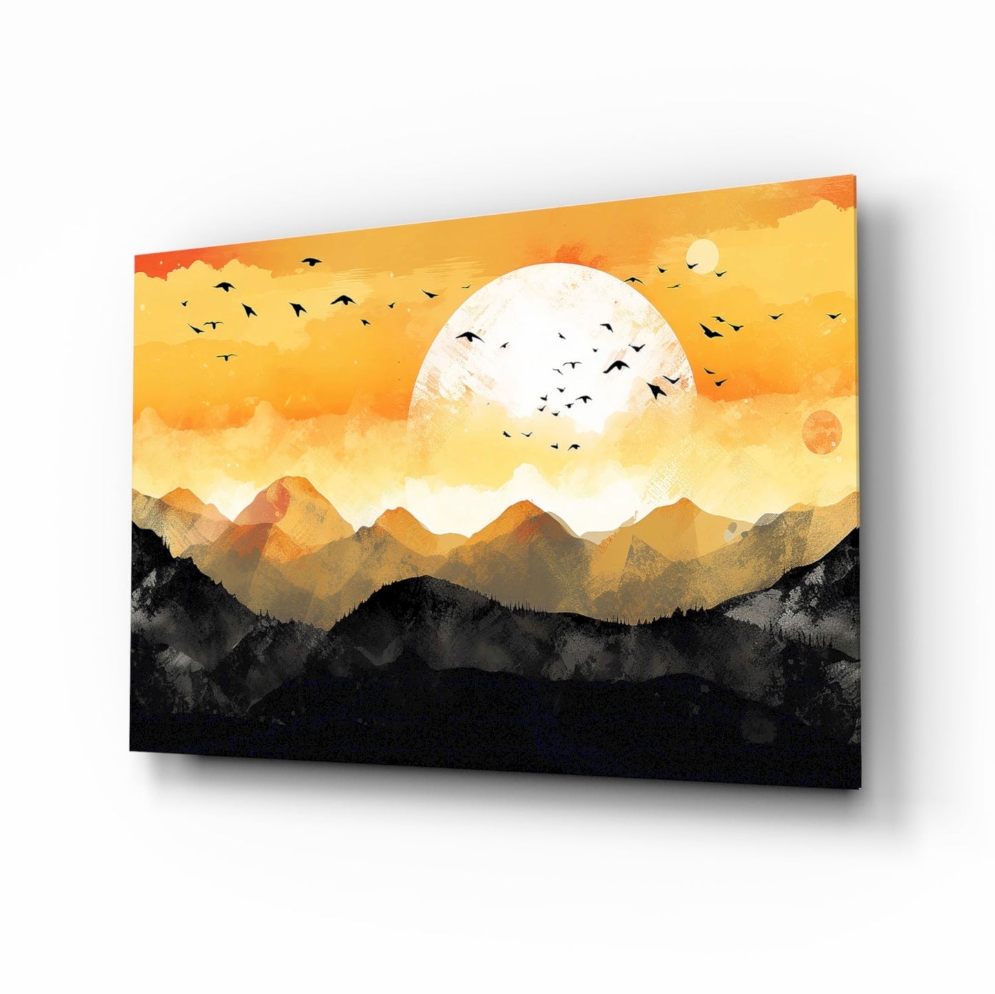 White Sun Orange Sky Mountain Flock Glass Wall Art