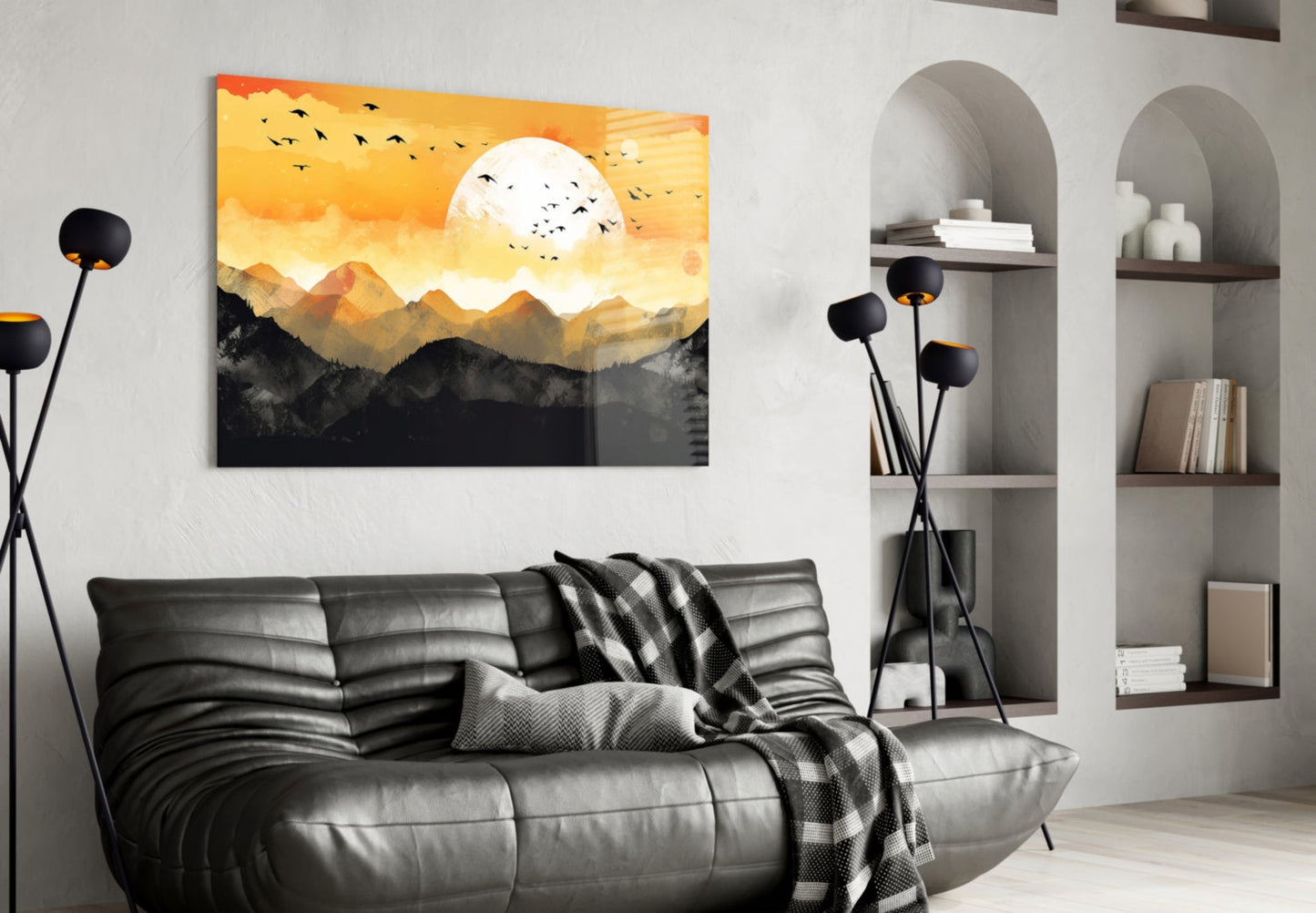White Sun Orange Sky Mountain Flock Glass Wall Art