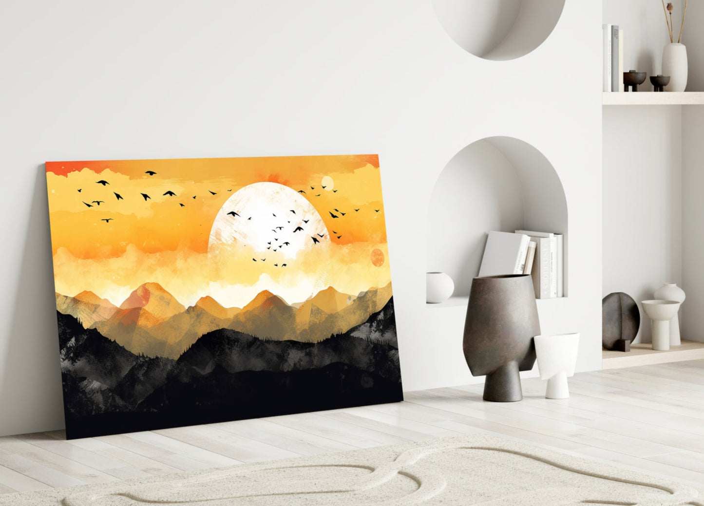 White Sun Orange Sky Mountain Flock Glass Wall Art