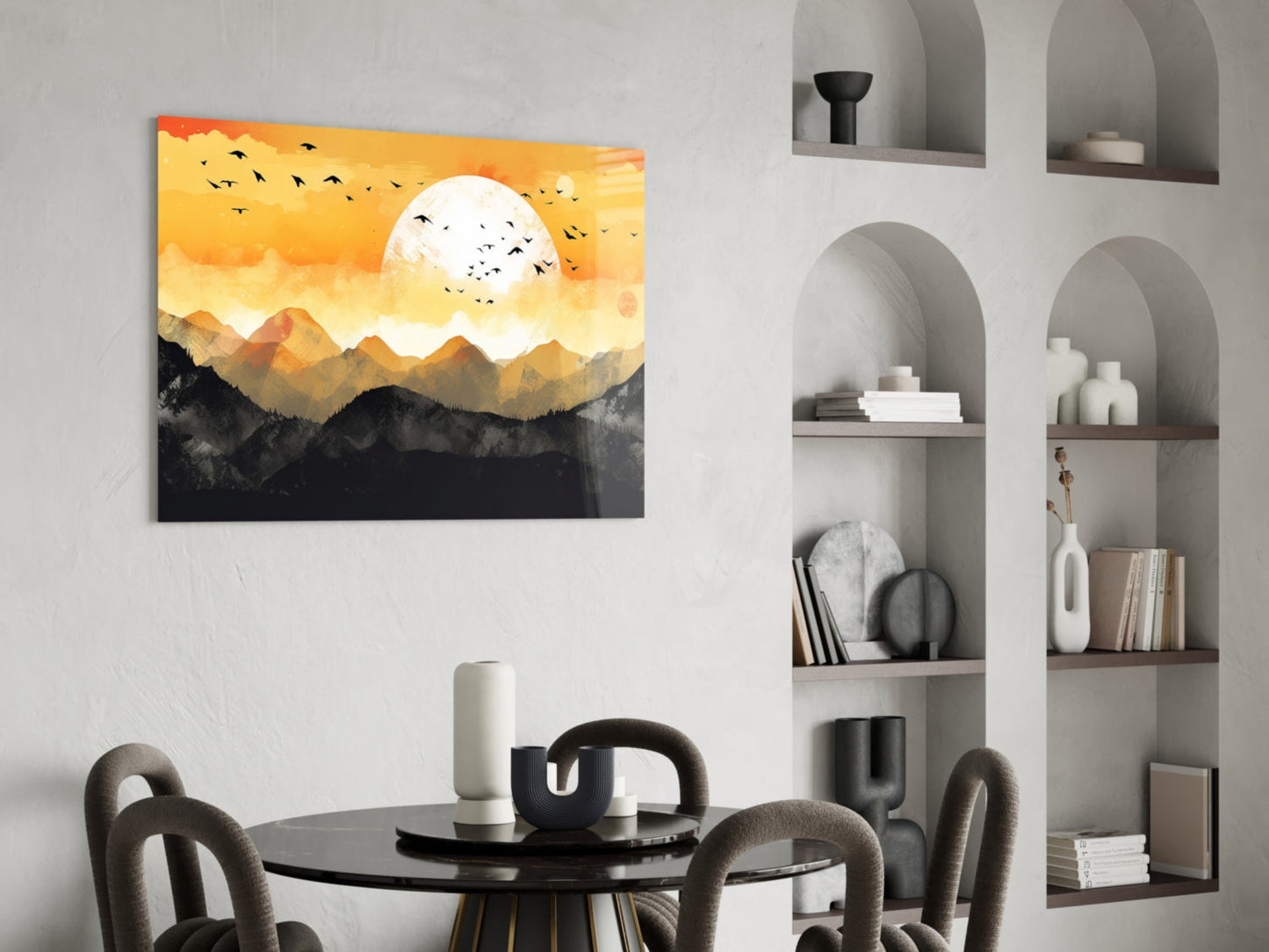 White Sun Orange Sky Mountain Flock Glass Wall Art
