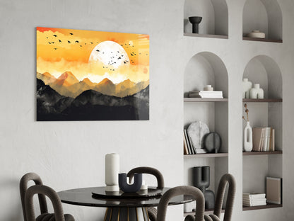 White Sun Orange Sky Mountain Flock Glass Wall Art