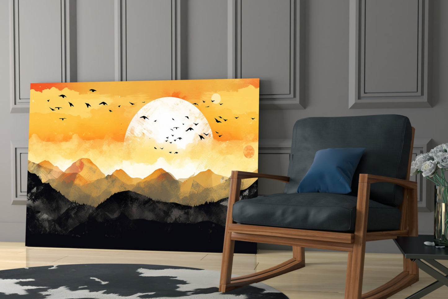 White Sun Orange Sky Mountain Flock Glass Wall Art