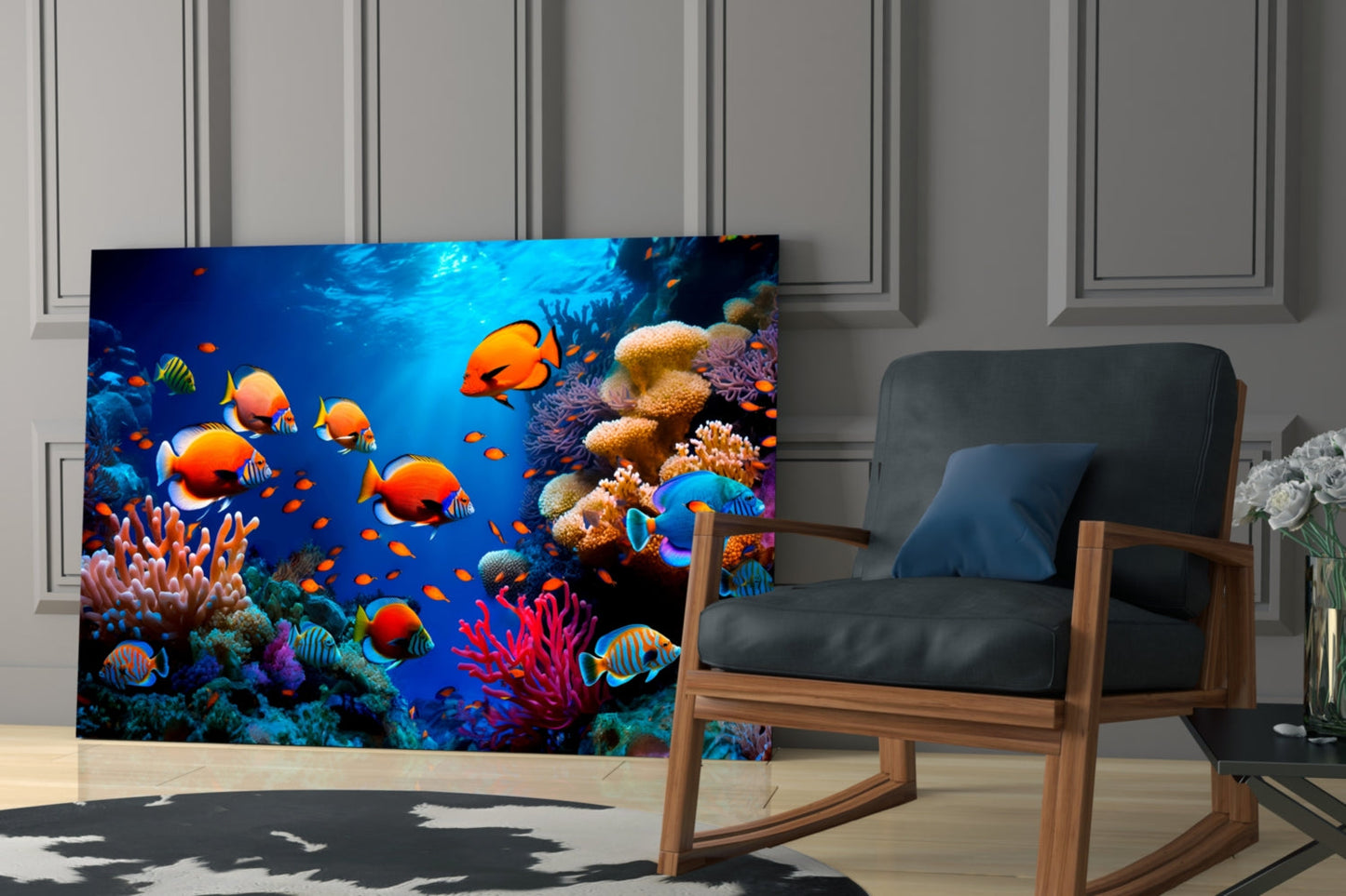 Orange Tropical Fish Coral Reef Glass Wall Art