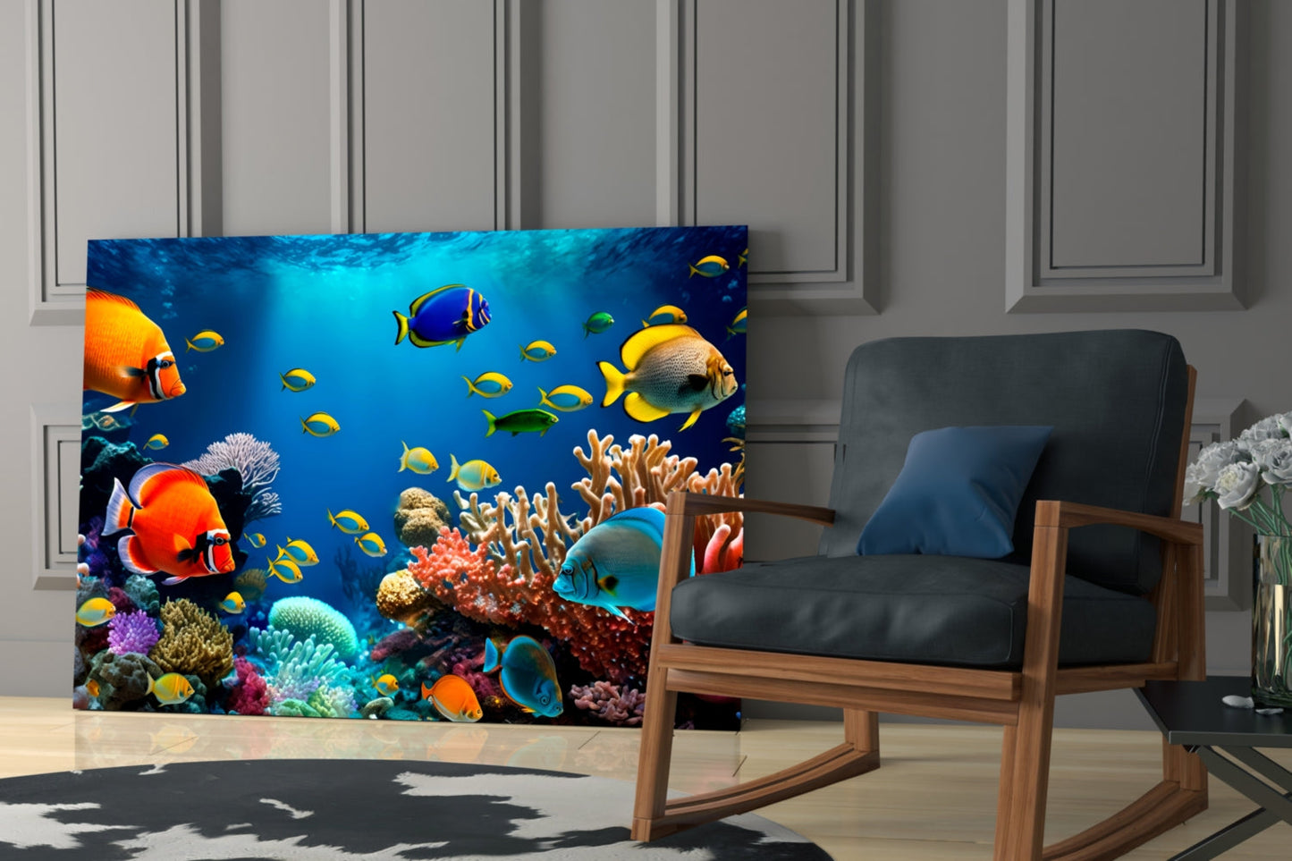 Yellow Tang Shoal Turquoise Reef Glass Wall Art