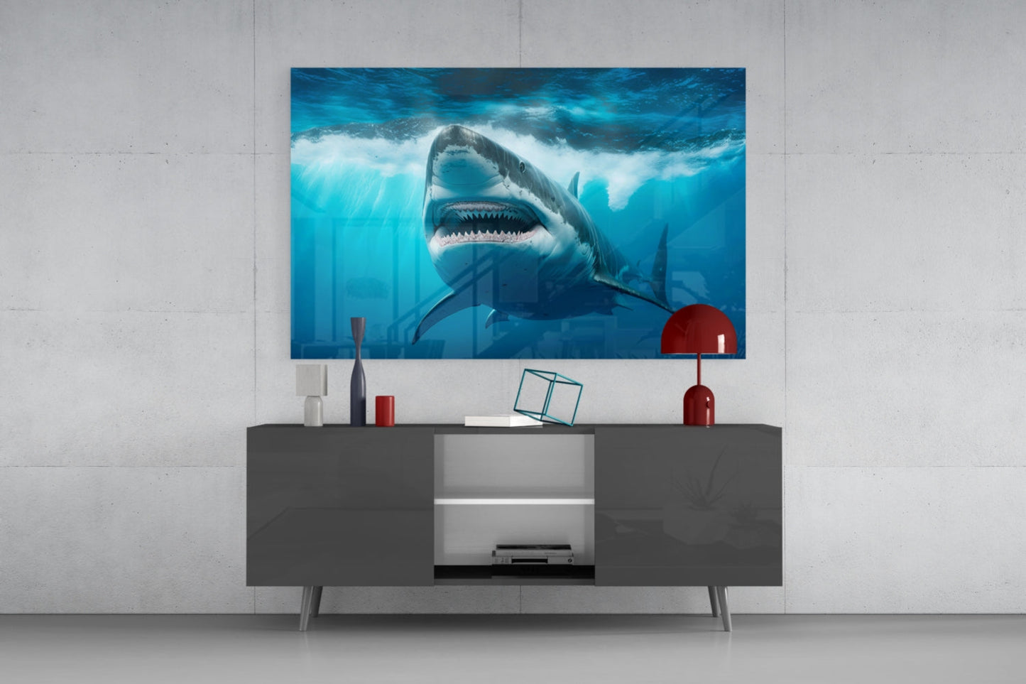 Grinning Shark Below Surface Waves Glass Wall Art