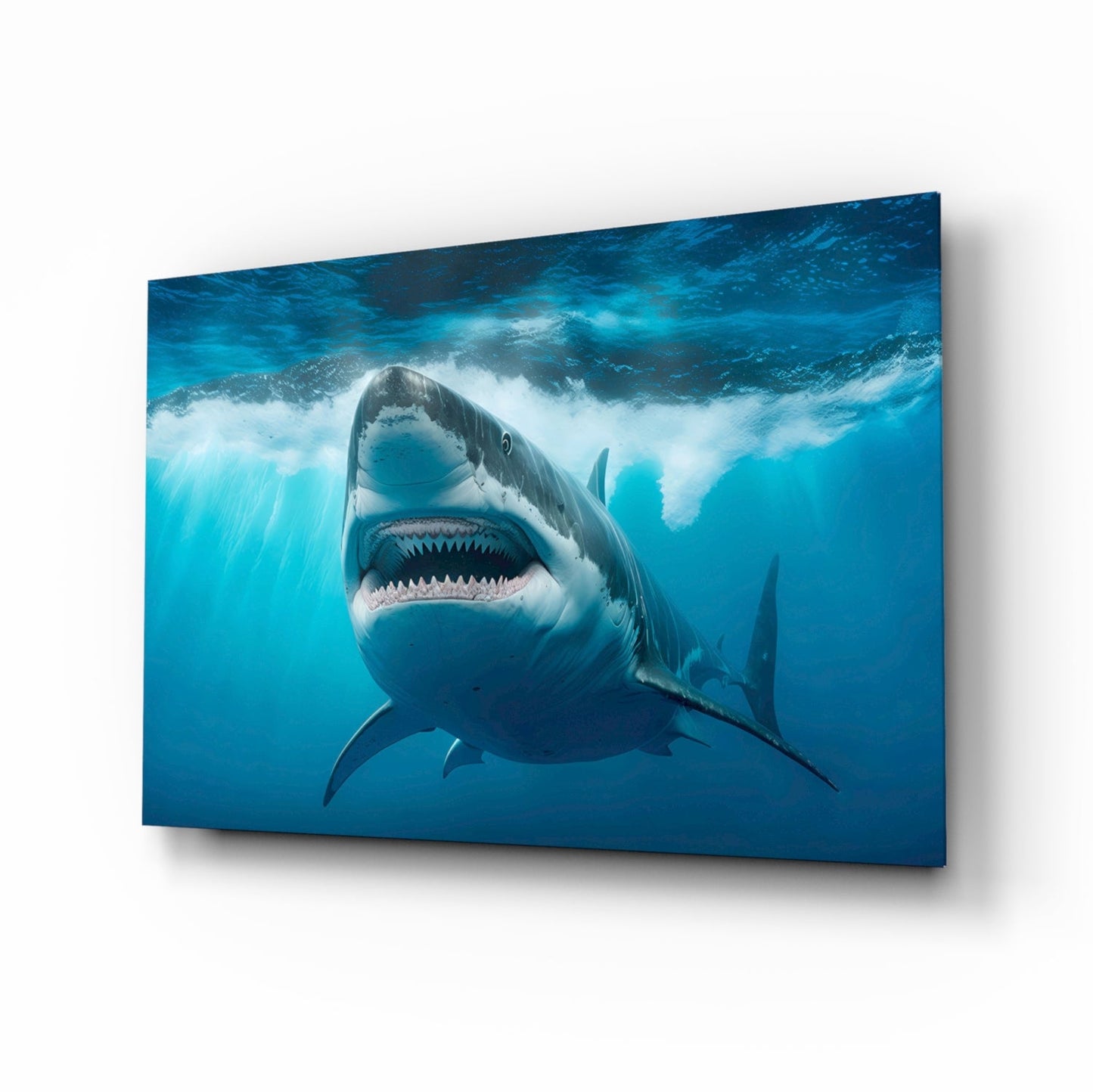 Grinning Shark Below Surface Waves Glass Wall Art
