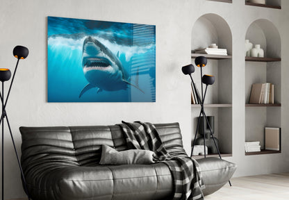 Grinning Shark Below Surface Waves Glass Wall Art