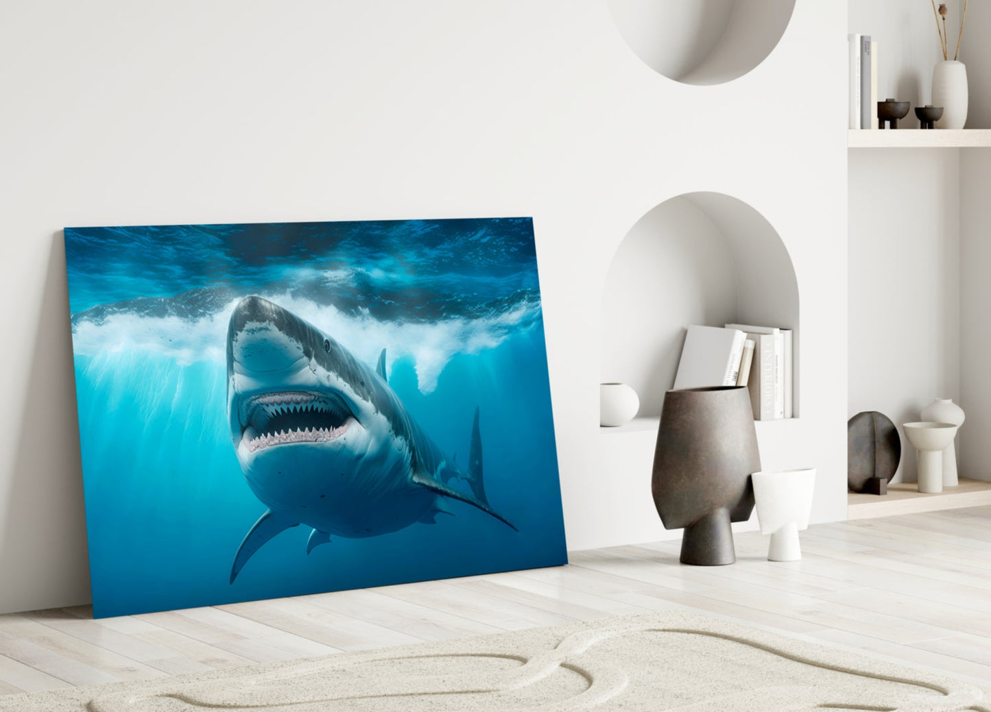 Grinning Shark Below Surface Waves Glass Wall Art