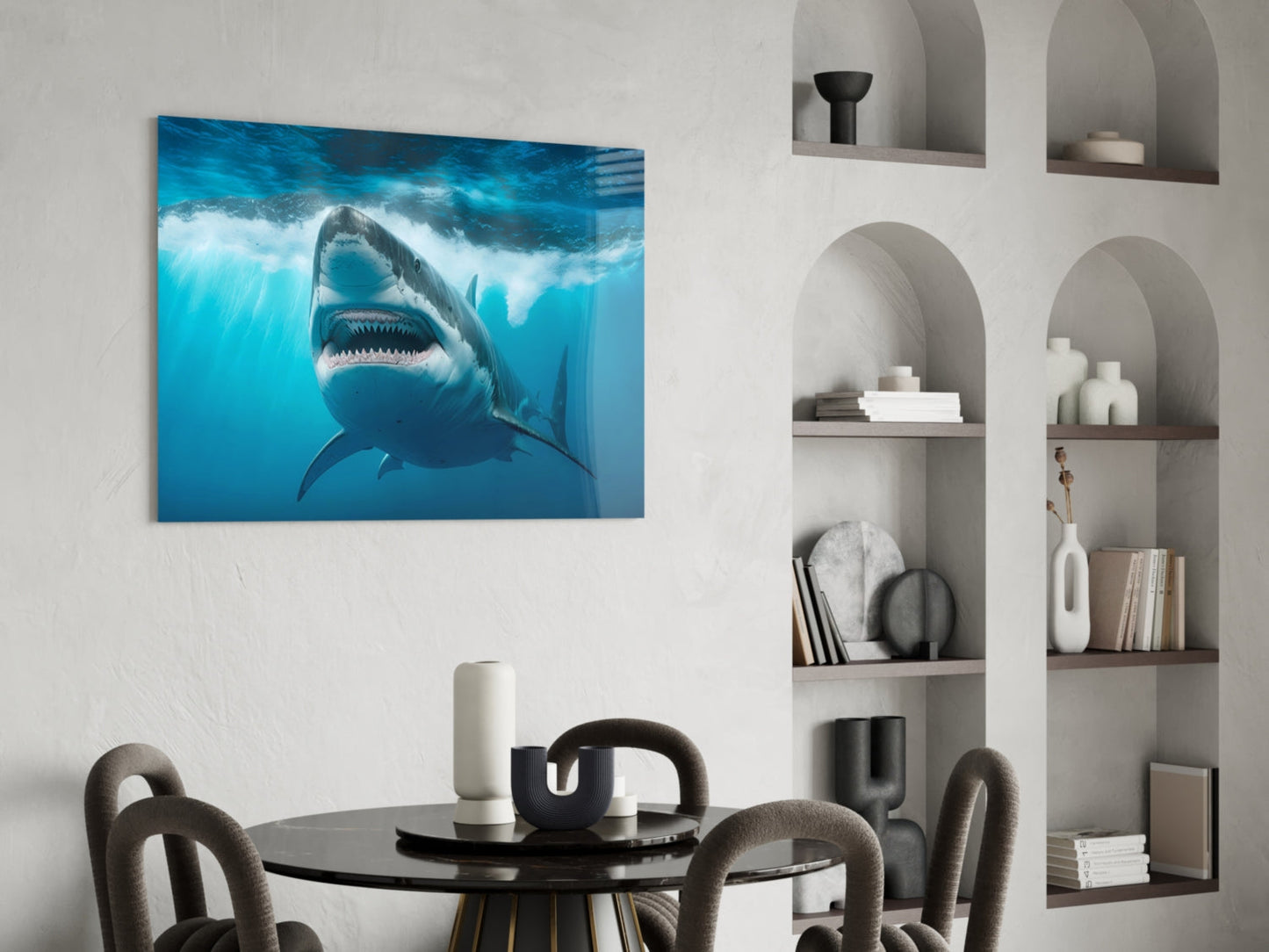 Grinning Shark Below Surface Waves Glass Wall Art