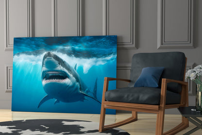 Grinning Shark Below Surface Waves Glass Wall Art