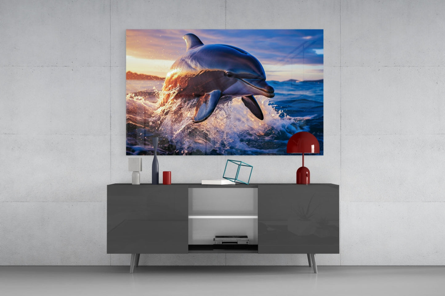 Smiling Dolphin Blue Splash Glass Wall Art