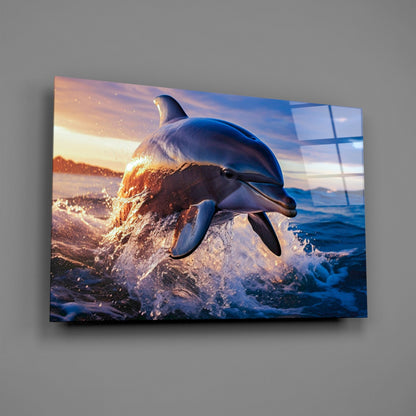 Smiling Dolphin Blue Splash Glass Wall Art